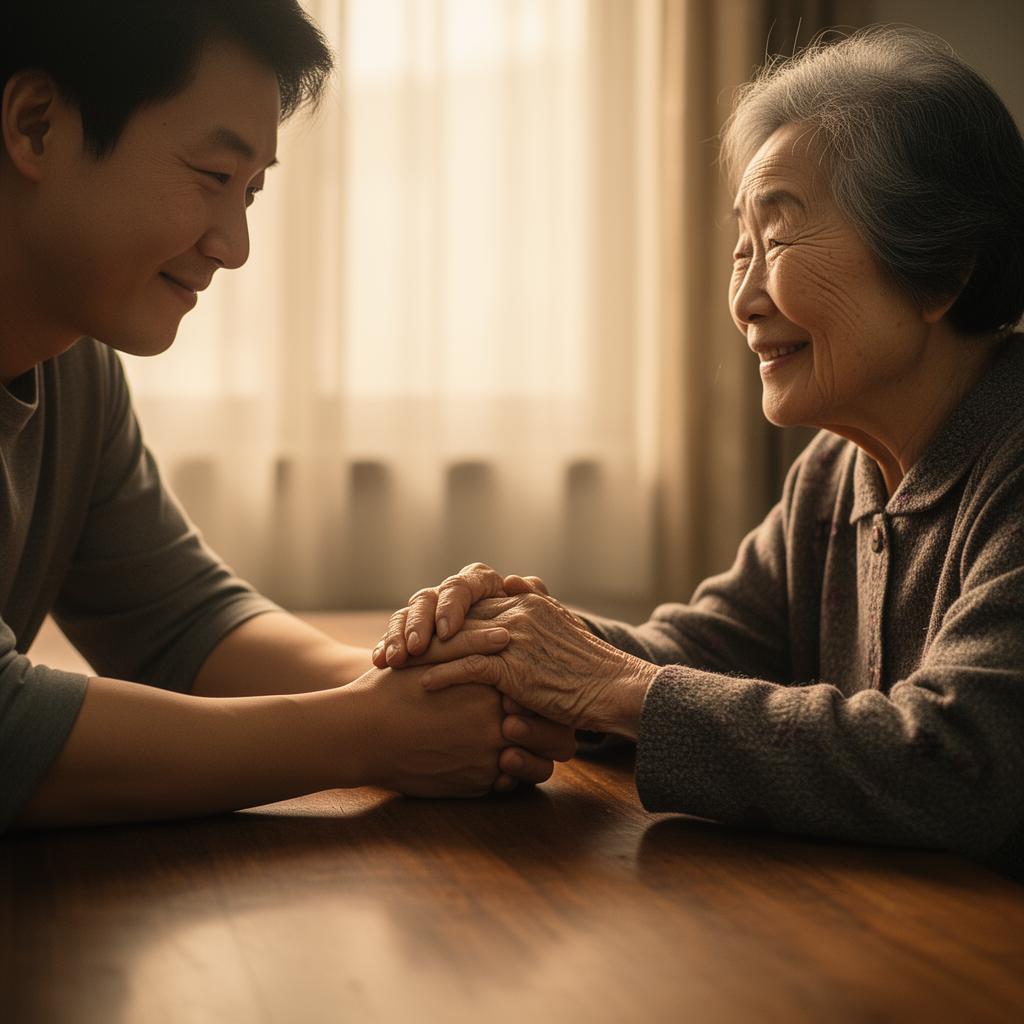 An elderly parent with their adult child, bathed in warm golden light