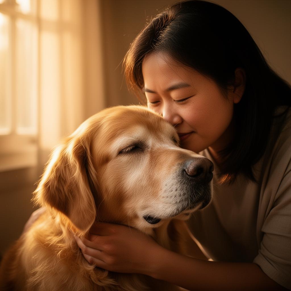 A person cuddling their beloved pet in warm light